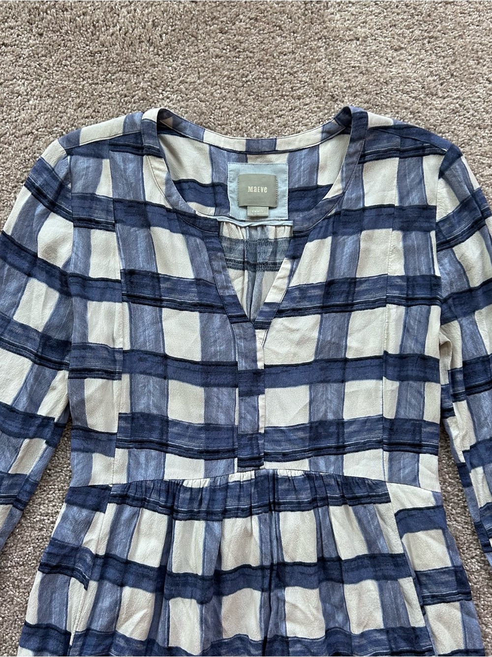Maeve Anthropologie Blue And White Plaid Split Neck Shirt Dress Size Small - Picture 6 of 13